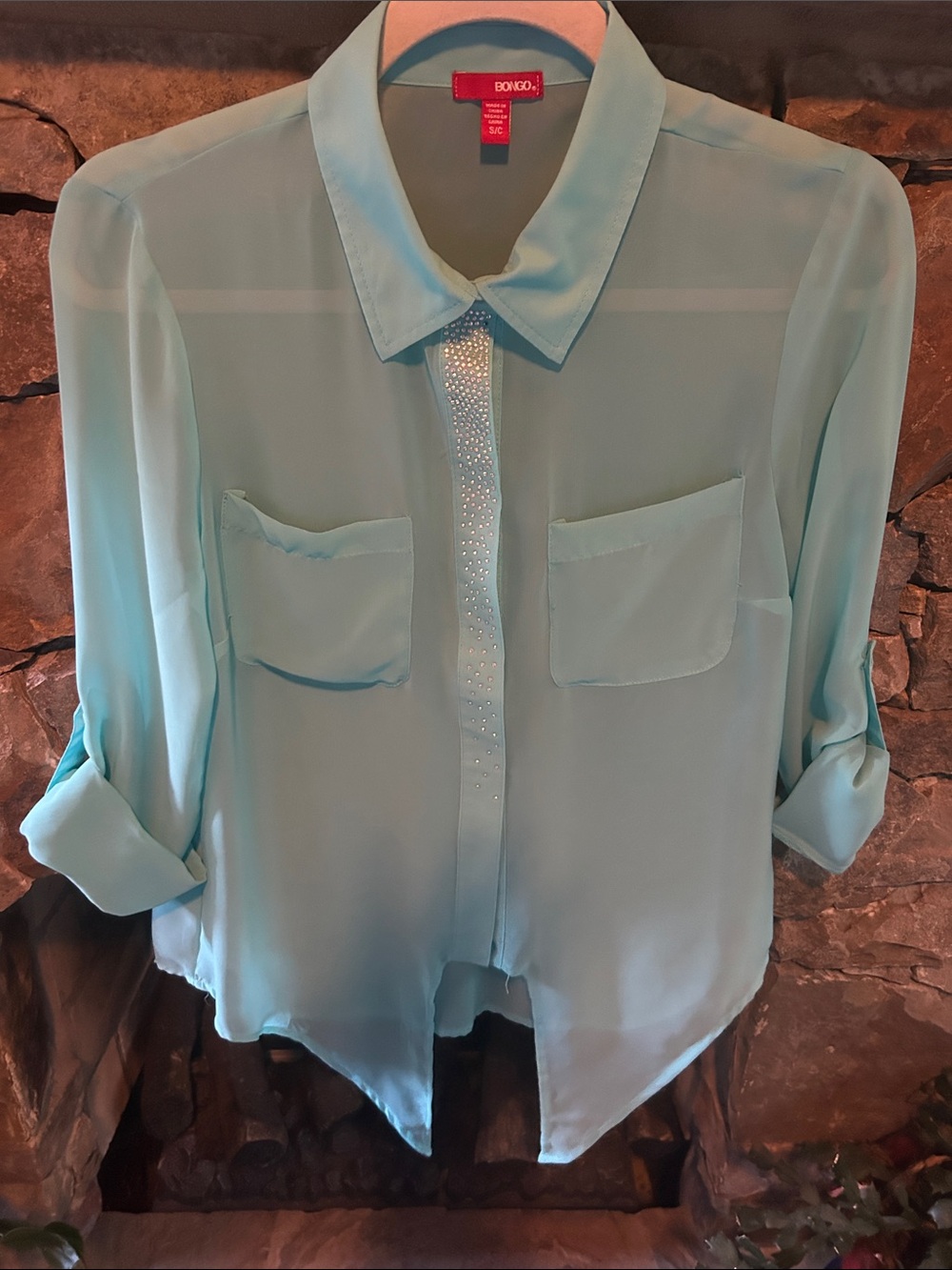 BONGO Women's Mint Sheer Button-Up Blouse; Two Front Pockets;3/4 Sleeves; Size S